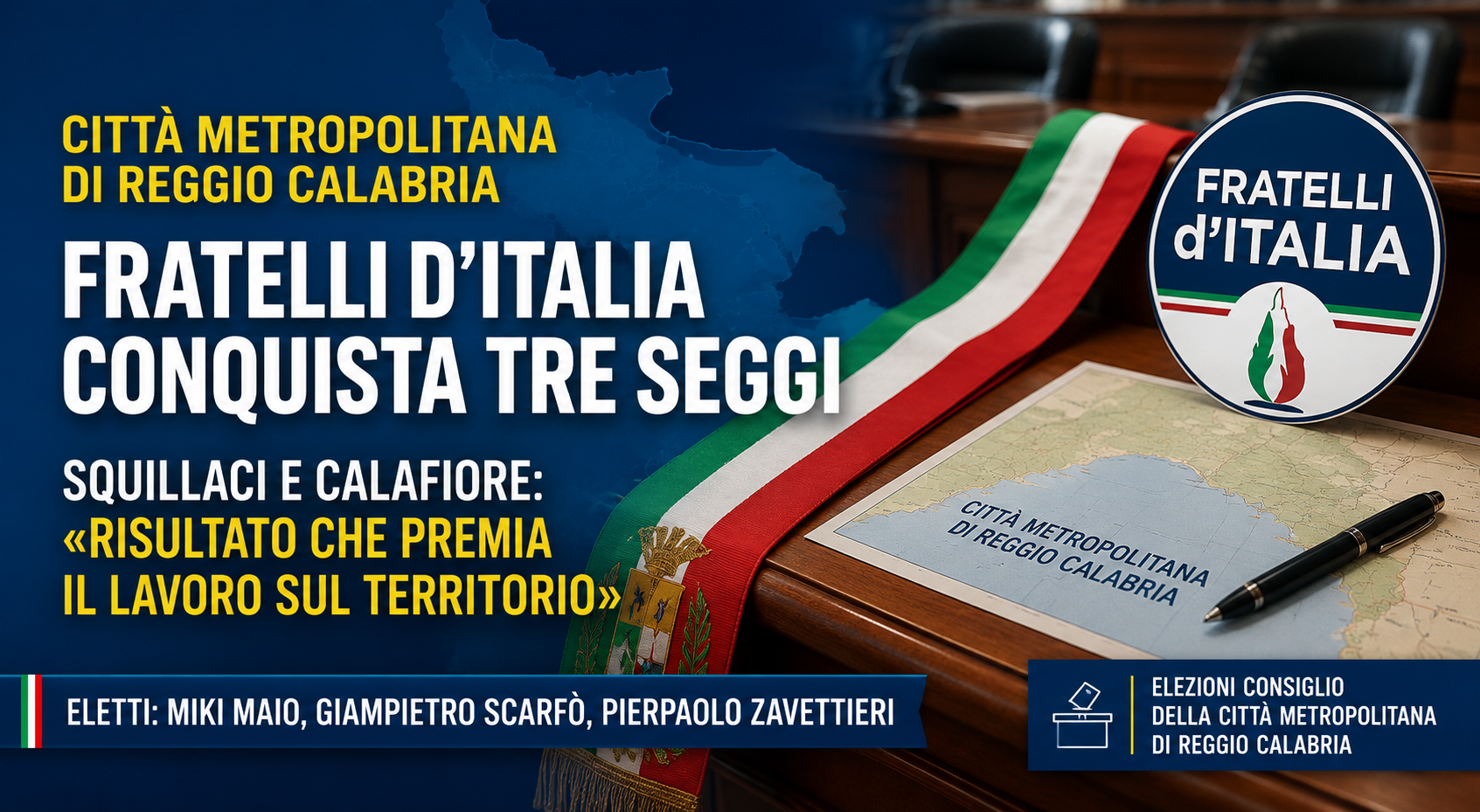 Città Metropolitana, Fratelli d'Italia conquista tre seggi. Gli auguri di Squillaci e Calafiore ai neoeletti